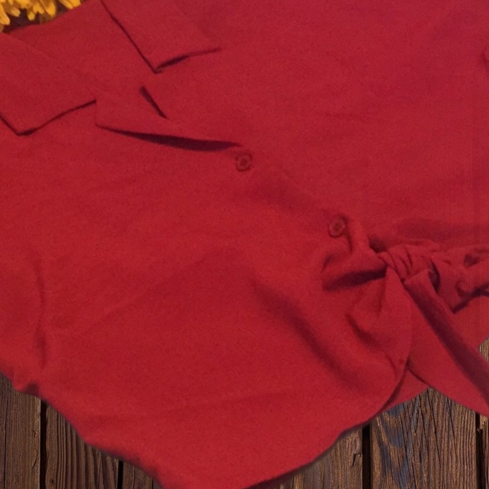 ❌DONATED❌Red Burgundy Knot Tie Button Down Collared V-neck Top - Picture 7 of 10
